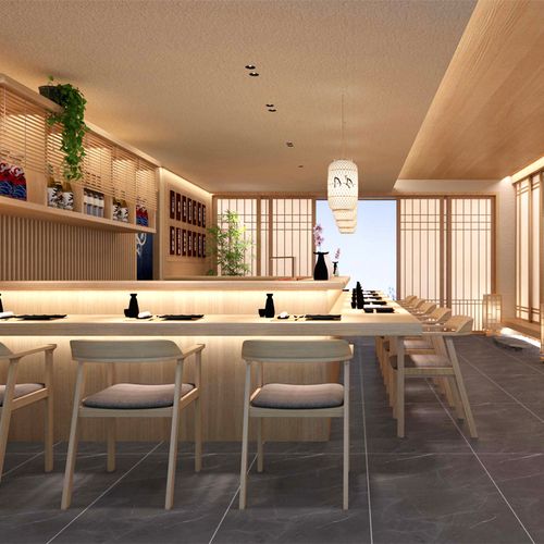 日料店寿司原木吧台桌子榻榻米格子移门酒柜全套整体定制装修设计